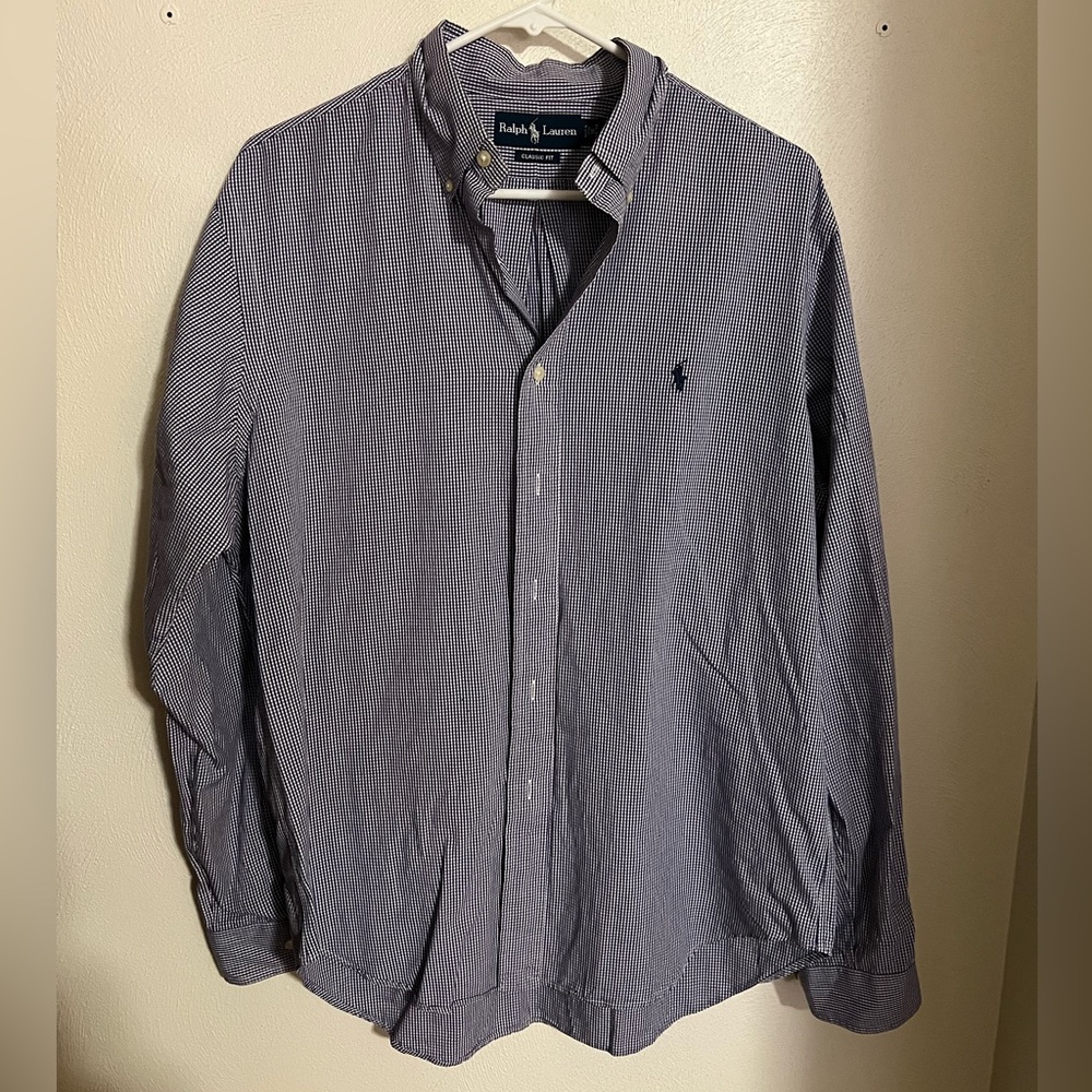 RALPH LAUREN Classic Fit Checkered Button Down Shirt Blue White Men's Sz 16 Neck
